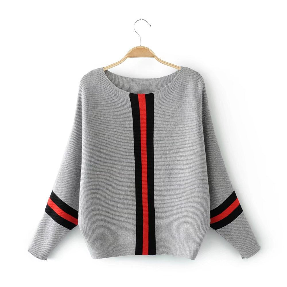 Women's Autumn Striped Stitching Batwing Sleeve Knitted Tops
