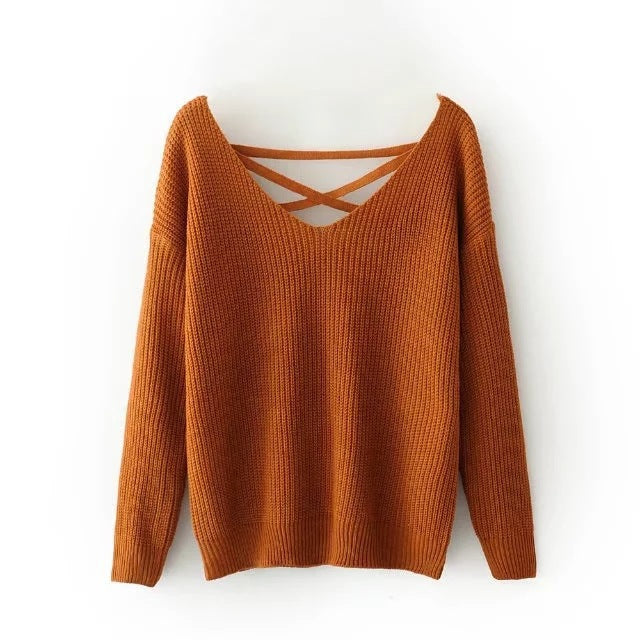 Women's Loose Pullover Solid Color Cross Sweaters