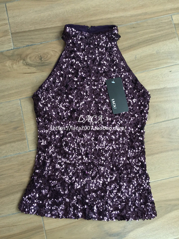 Women's Sleeveless Bar Turtleneck Sequined Bottoming Shirt Tops