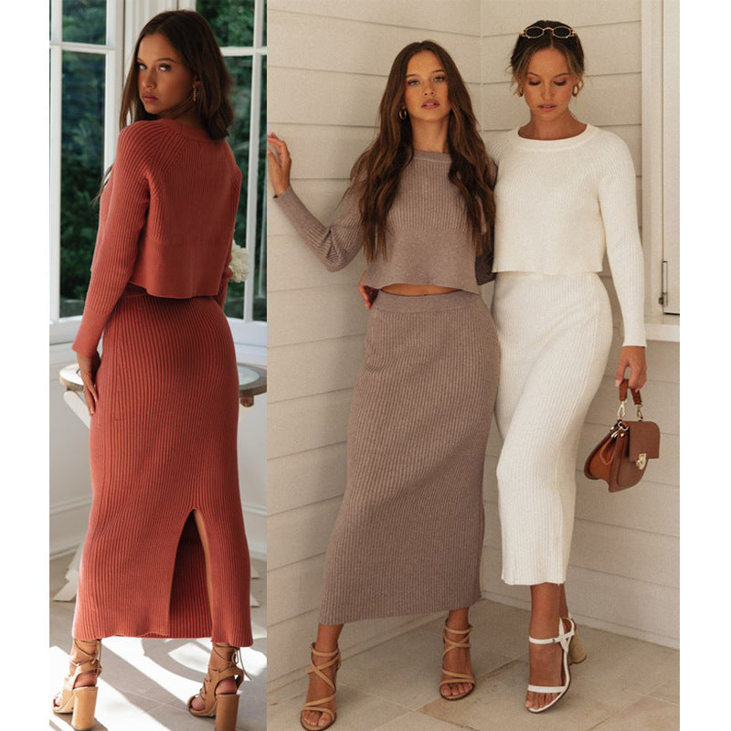 Fashion Color Dress Knitted Slit Long Suits