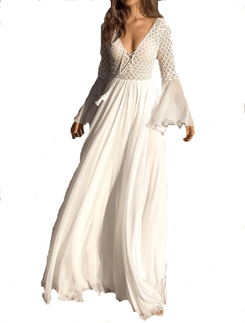 Bohemian Lace Stitching Dress Deep Flared Sleeves Dresses