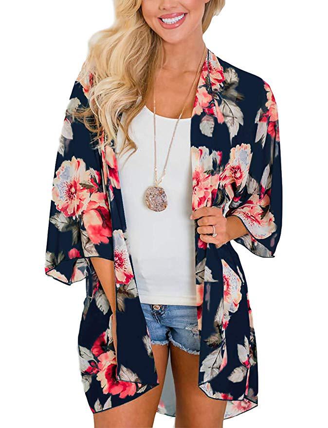 Flower Chiffon Digital Printing Bikini Kimono Blouses