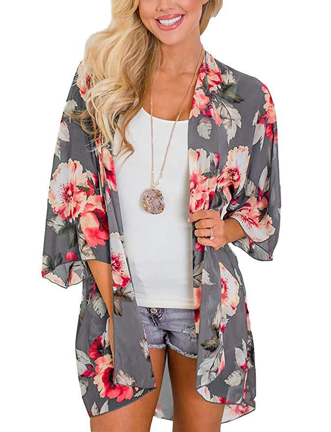 Flower Chiffon Digital Printing Bikini Kimono Blouses