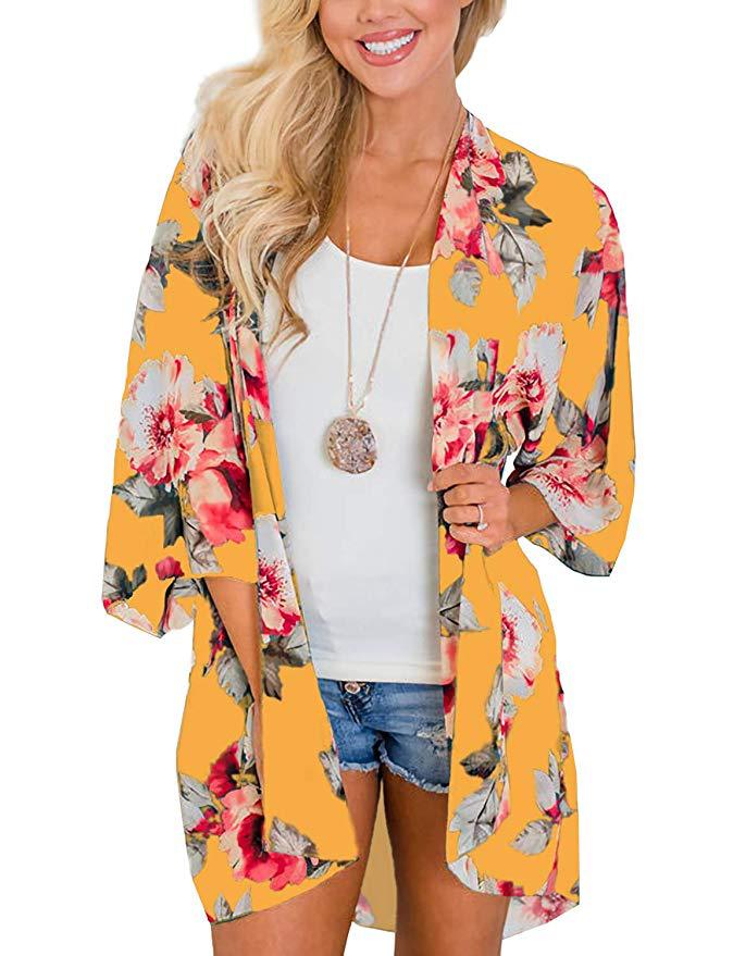 Flower Chiffon Digital Printing Bikini Kimono Blouses