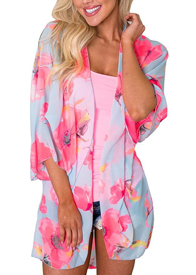Flower Chiffon Digital Printing Bikini Kimono Blouses