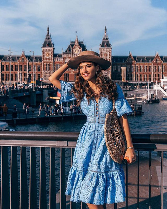 Women's Summer Short-sleeved Hollow Single-breasted Lace Dress Dresses