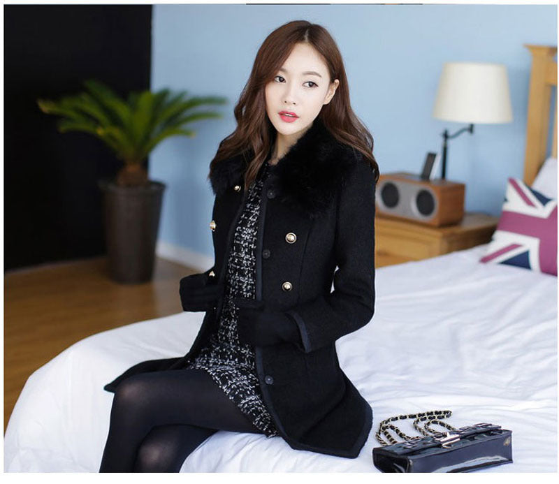 Women's Mid-length Woolen With Korean Fur Collar Coats