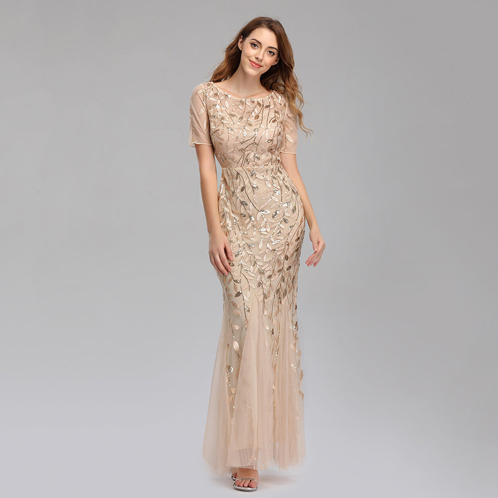 Women's Banquet Host Mesh Sequins Dress Fishtail Dresses