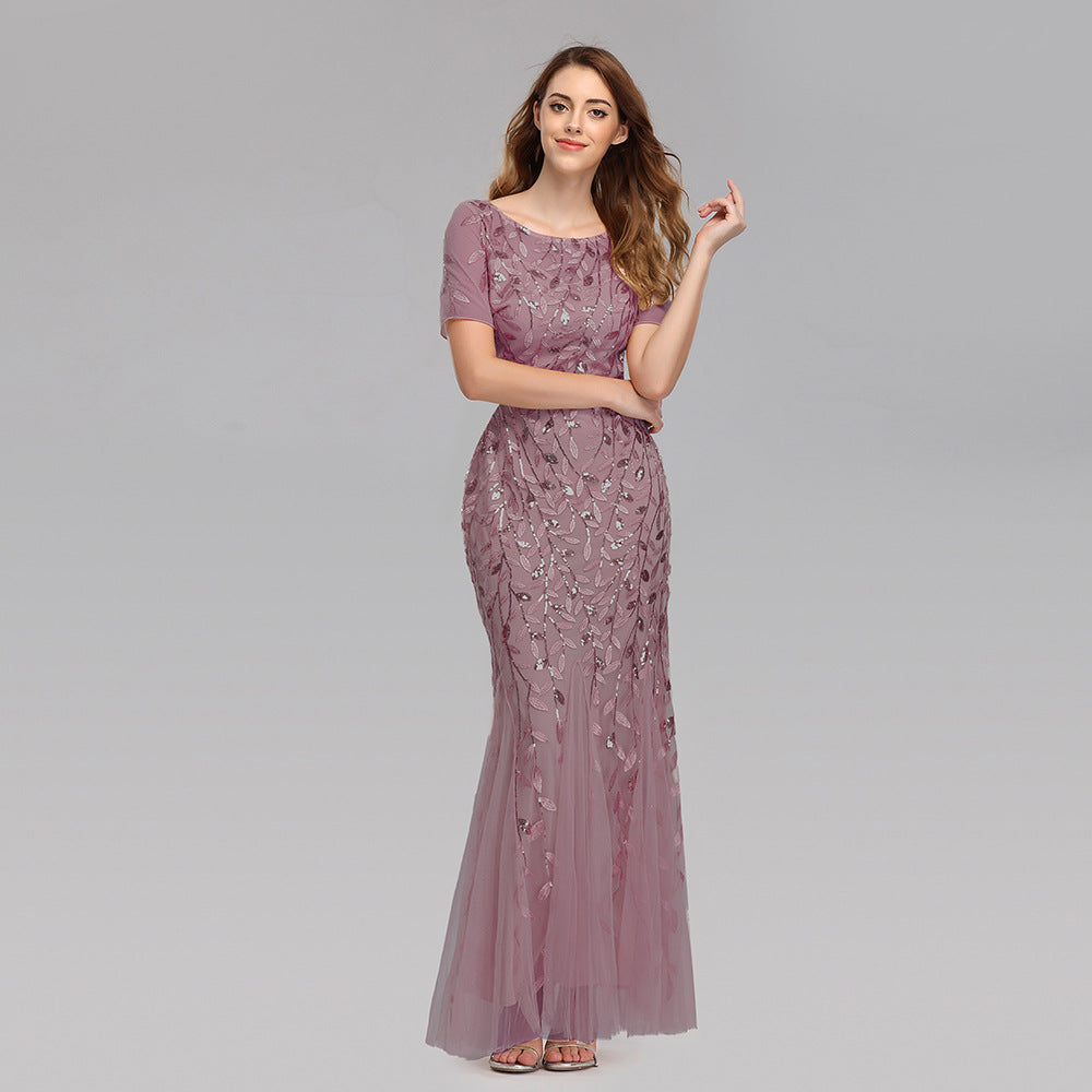 Women's Banquet Host Mesh Sequins Dress Fishtail Dresses