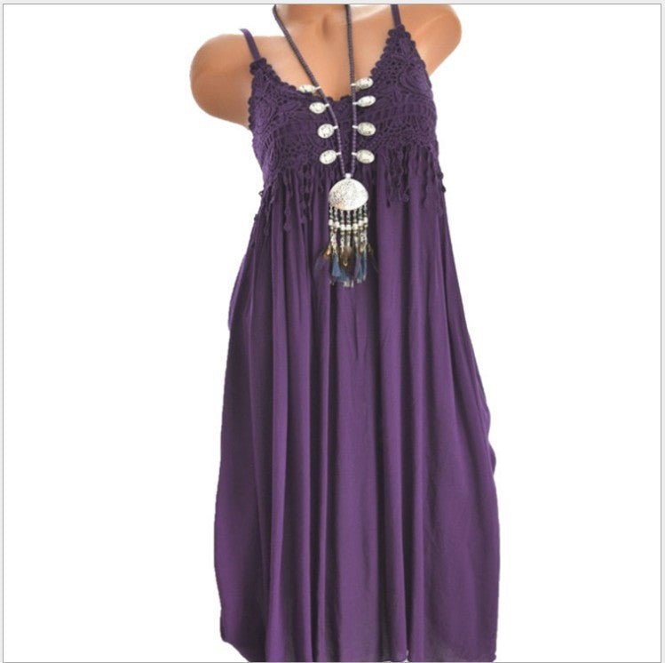 Sexy Lace Stitching Solid Color Mid-length Dress