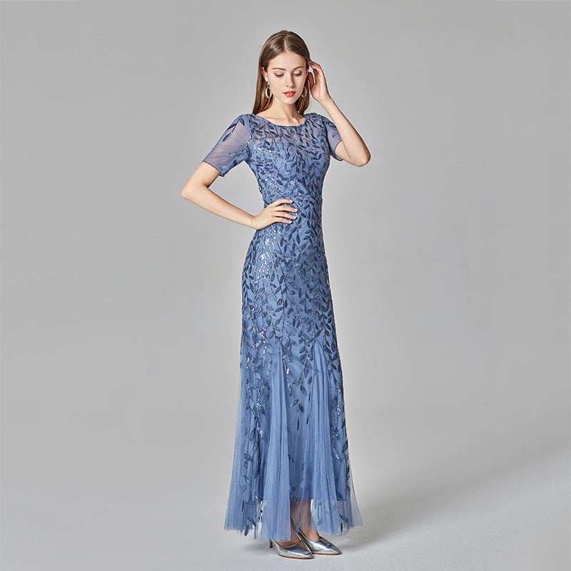 Women's Banquet Host Mesh Sequins Dress Fishtail Dresses