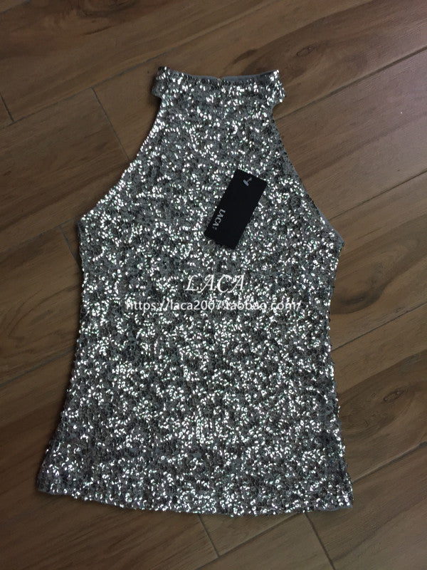 Women's Sleeveless Bar Turtleneck Sequined Bottoming Shirt Tops