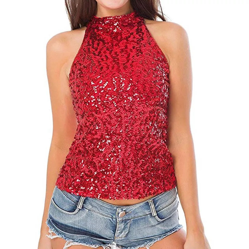 Women's Sleeveless Bar Turtleneck Sequined Bottoming Shirt Tops
