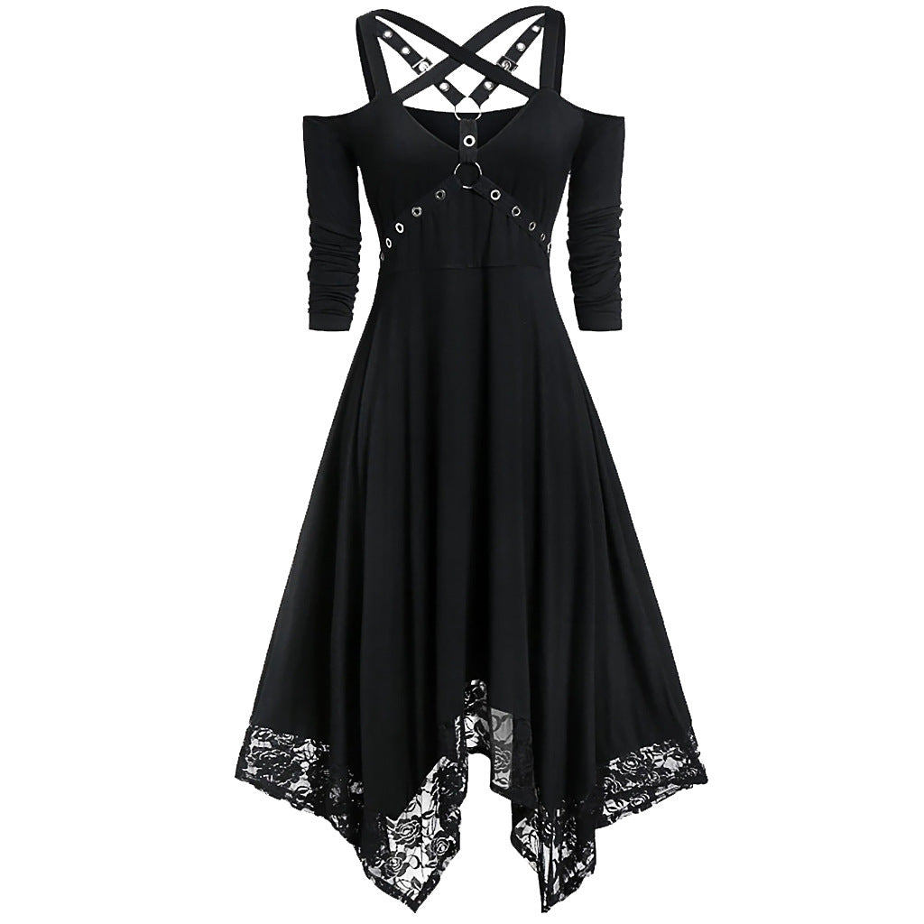 Punk Solid Color Large Lace Trim Long Sleeve Dress