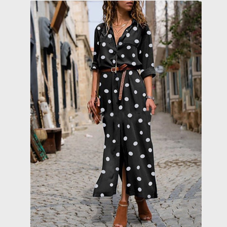 Versatile Polka Dot Single-breasted Maxi Shirt Dress