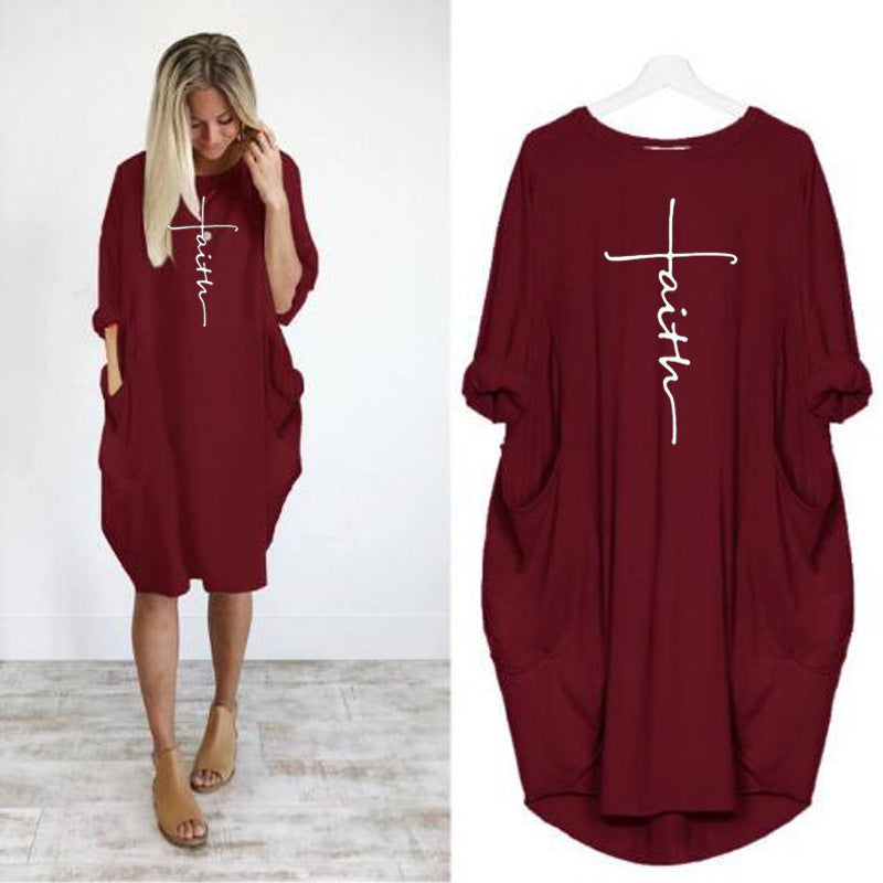 Women's Neck Long Sleeve Cross Printed Wear Dress