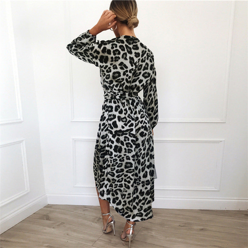 Women's Leopard Print Chiffon High Waist Pullover Dresses