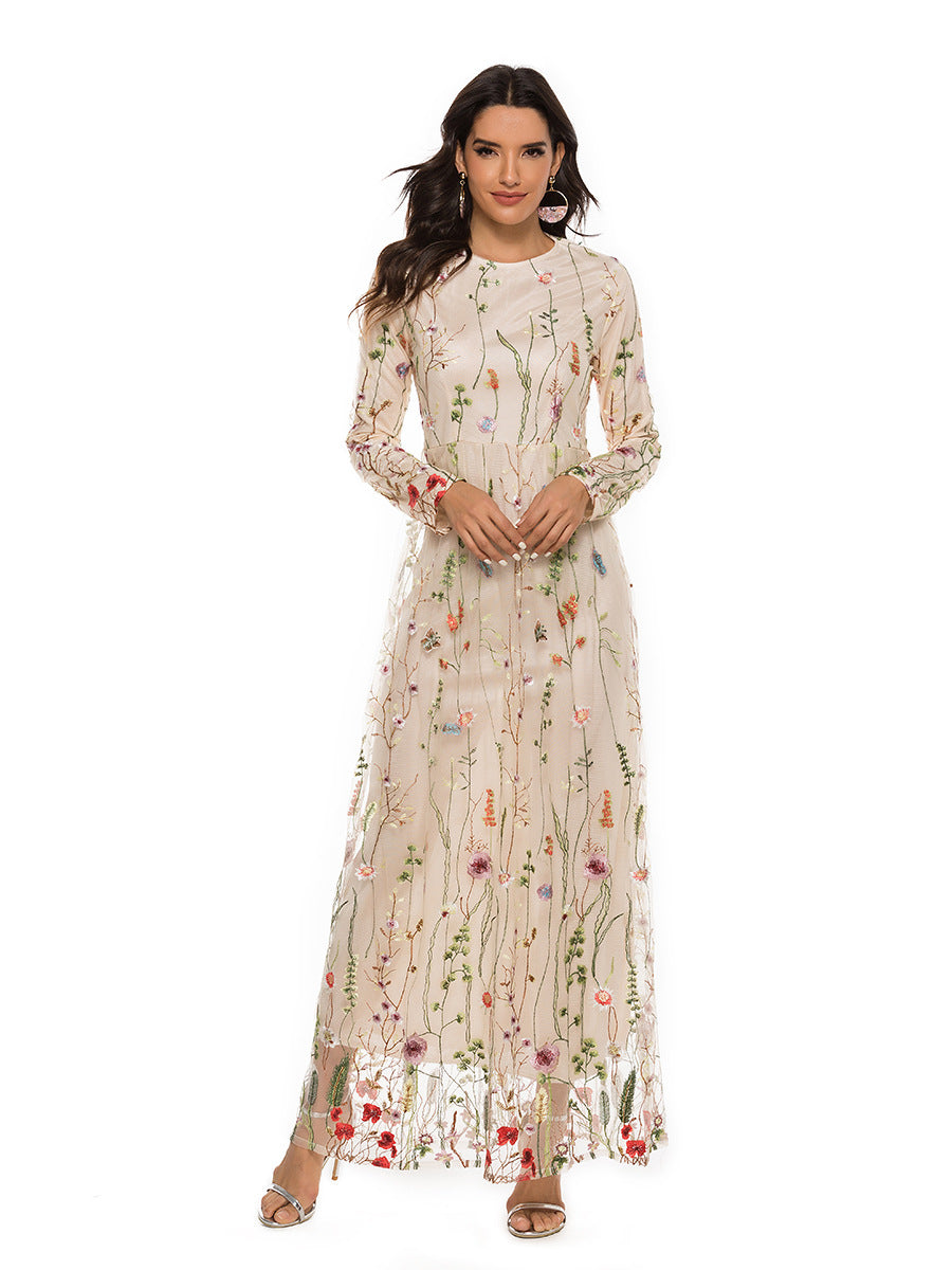 Embroidered Sweet Flowers Lace Long Fresh Dress