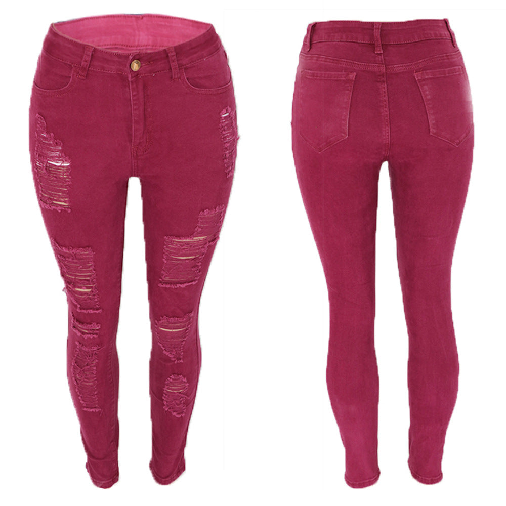 Women's Knee Ripped Slim Skinny Trousers Jeans