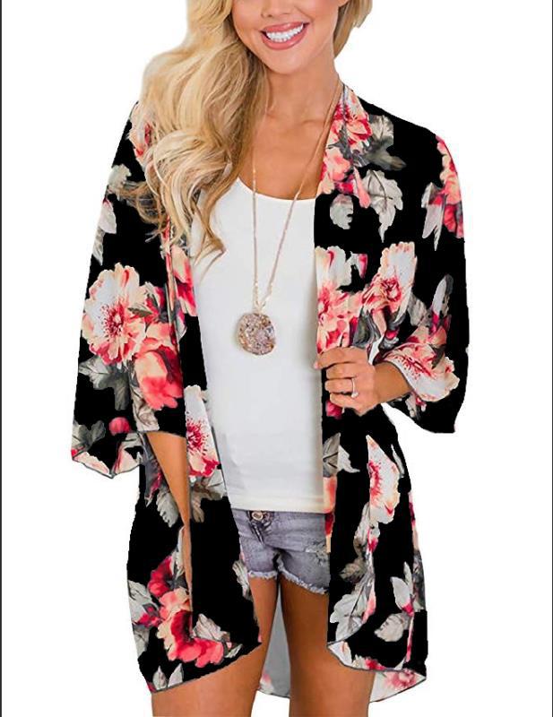 Flower Chiffon Digital Printing Bikini Kimono Blouses