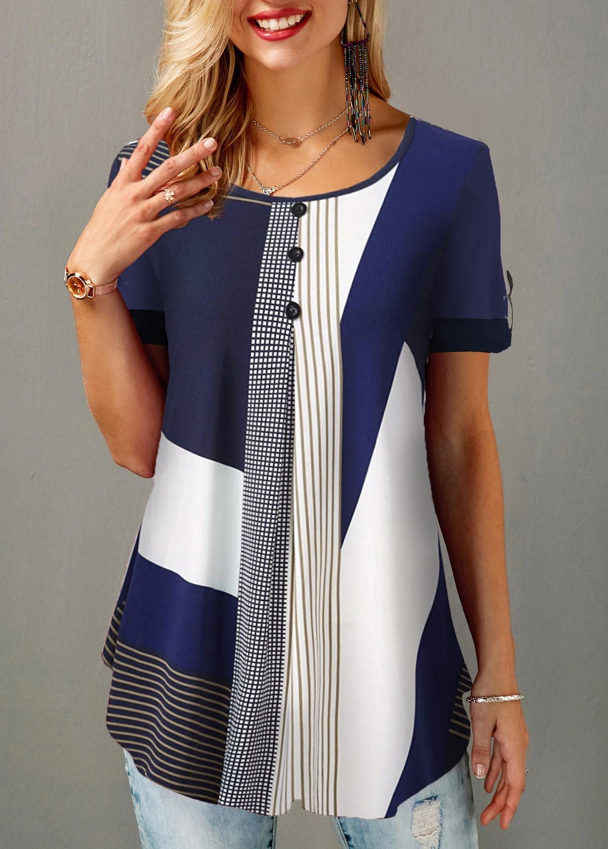 Women's Pullover Print Loose Round Neck Button Blouses