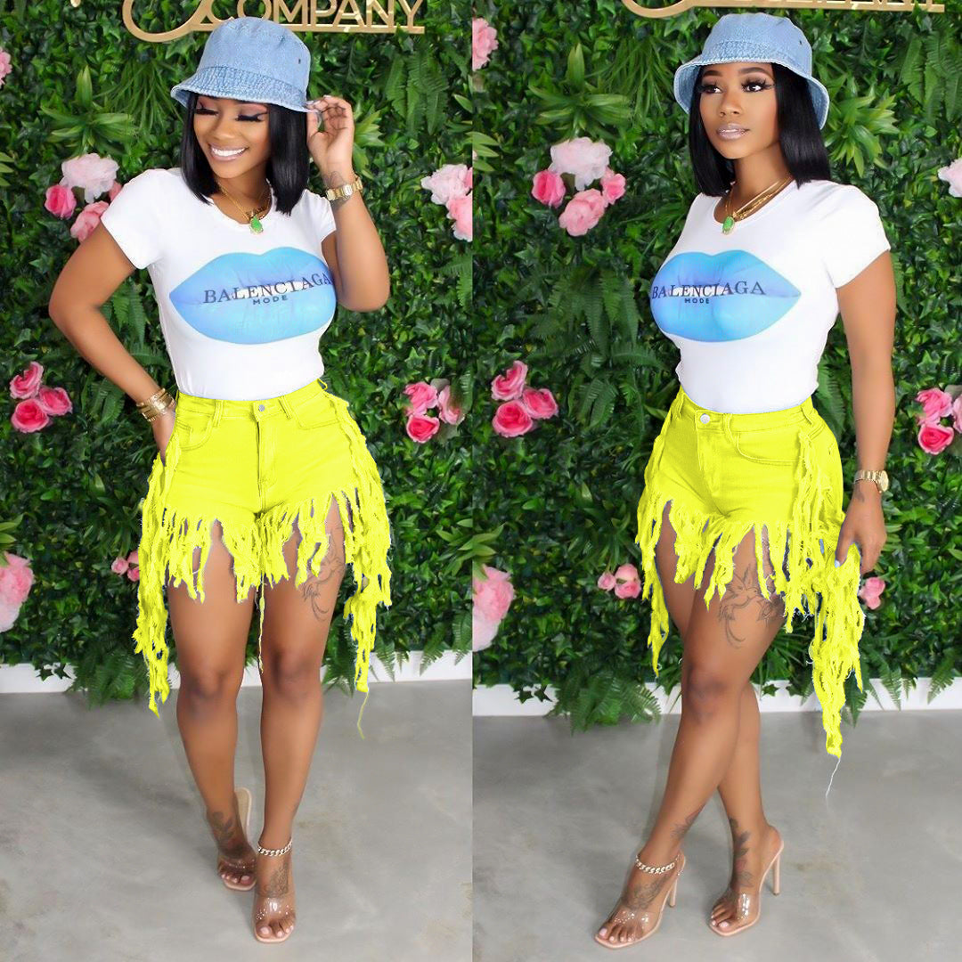 Women's Ripped Tassel Brushed Denim Casual Straight Shorts