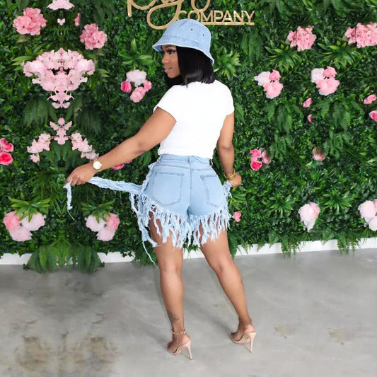 Women's Ripped Tassel Brushed Denim Casual Straight Shorts