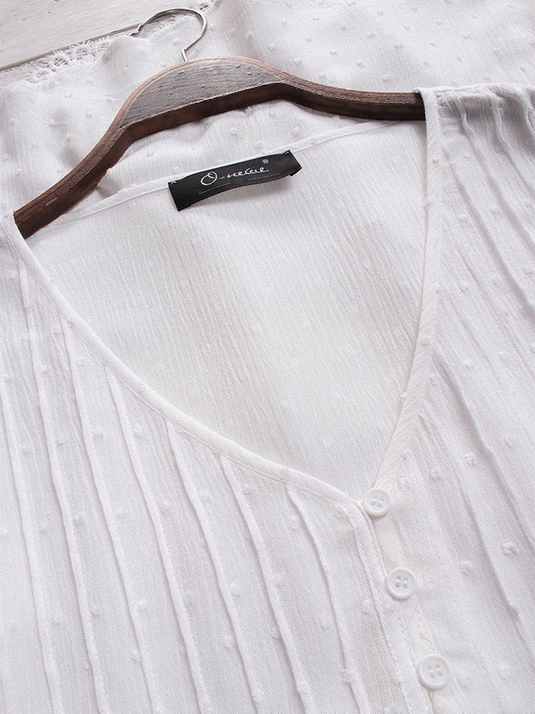 Women's Summer Jacquard Pleated Lace Hollow Out Blouses