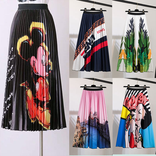 Women's Fashion Half Printed Cartoon Pleated Skirts
