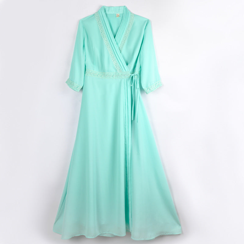 Women's White Three-quarter Sleeve Long Slimming Summer Retro Ethnic Style Dress