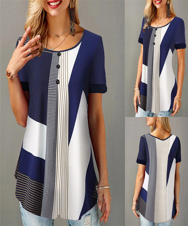 Women's Pullover Print Loose Round Neck Button Blouses