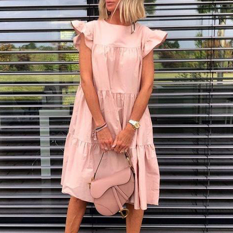 Women's Loose Pleated Short-sleeved Dress Solid Color Dresses