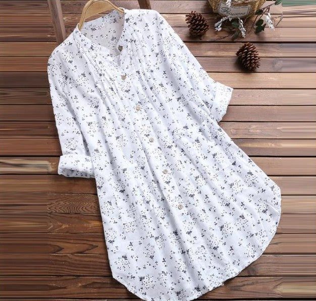 Women's Autumn Pleated Floral Print Long Sleeve Blouses