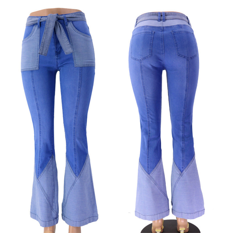 Women's Retro High Waist Two-color Stitching Belt Jeans