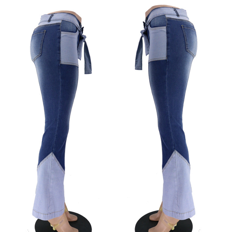 Women's Retro High Waist Two-color Stitching Belt Jeans