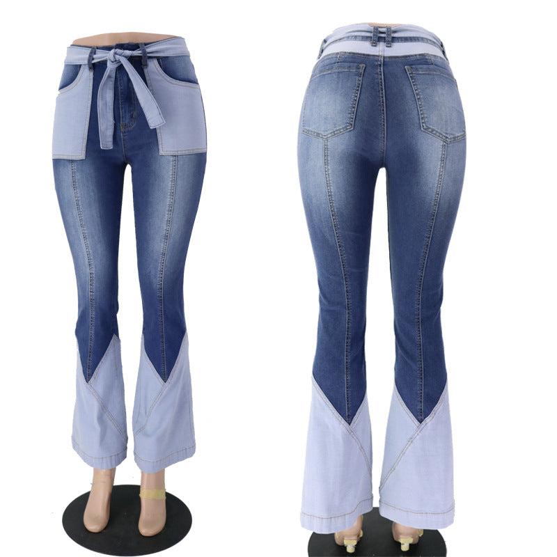Women's Retro High Waist Two-color Stitching Belt Jeans