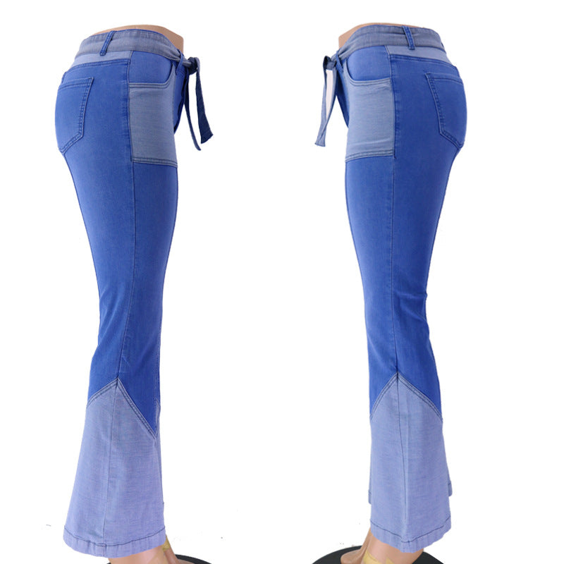 Women's Retro High Waist Two-color Stitching Belt Jeans
