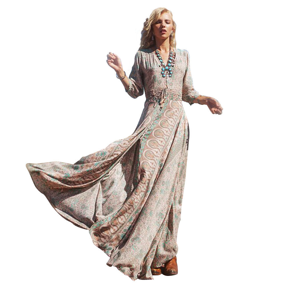 Elegant Chiffon Printed Waist Elastic Tassel Dress