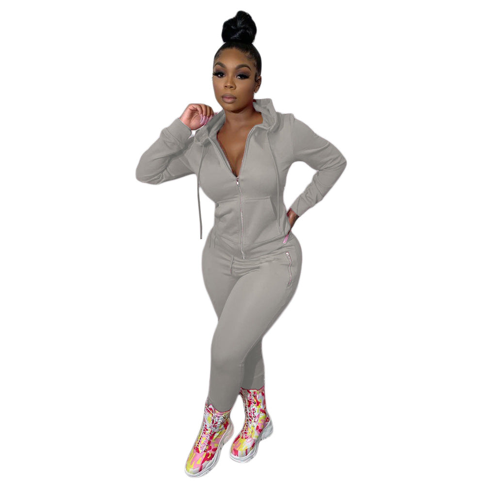 Women's Autumn Solid Color Personality Zipper Two-piece Clothing