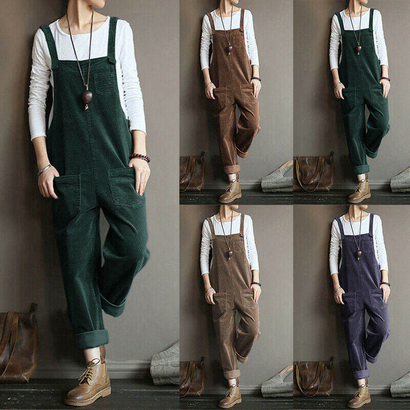 Corduroy Solid Color Casual Long Suspender Pants