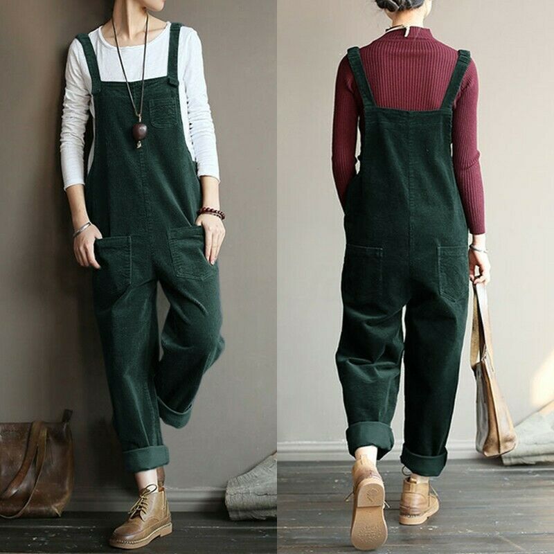 Corduroy Solid Color Casual Long Suspender Pants