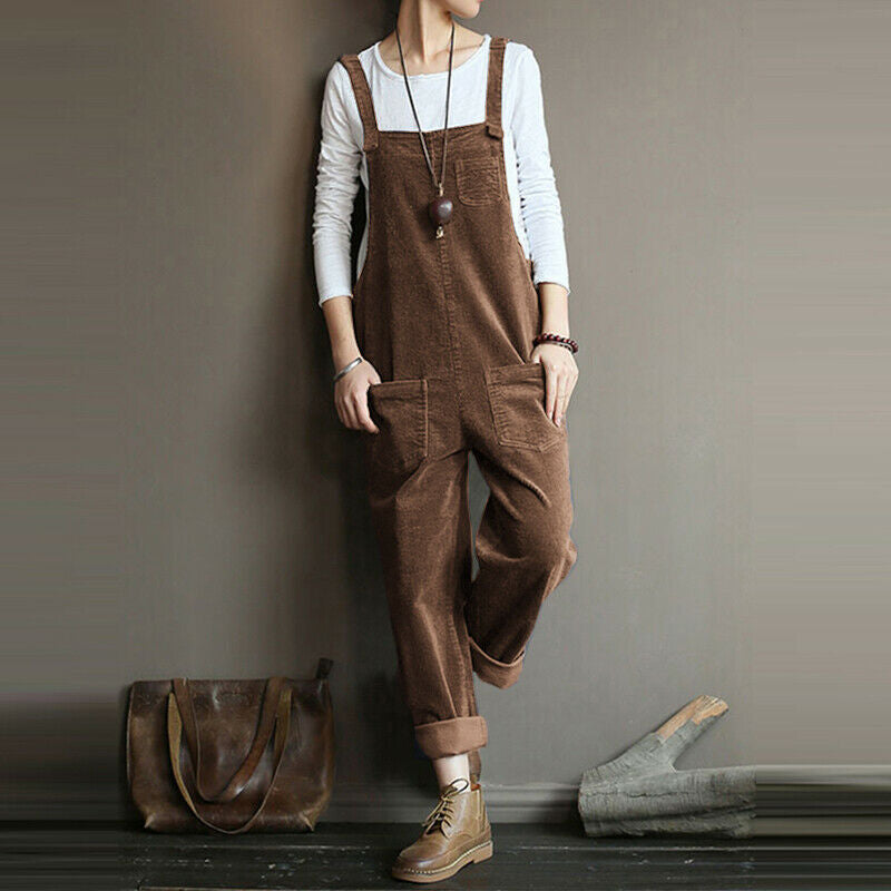 Corduroy Solid Color Casual Long Suspender Pants
