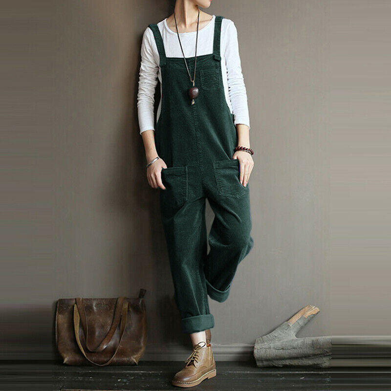 Corduroy Solid Color Casual Long Suspender Pants