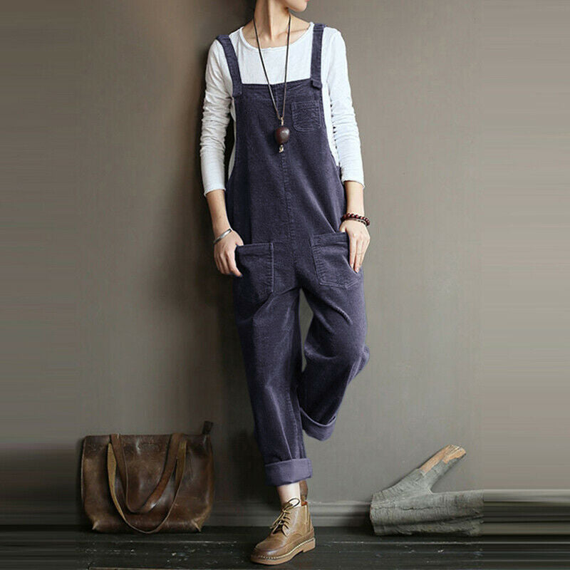 Corduroy Solid Color Casual Long Suspender Pants