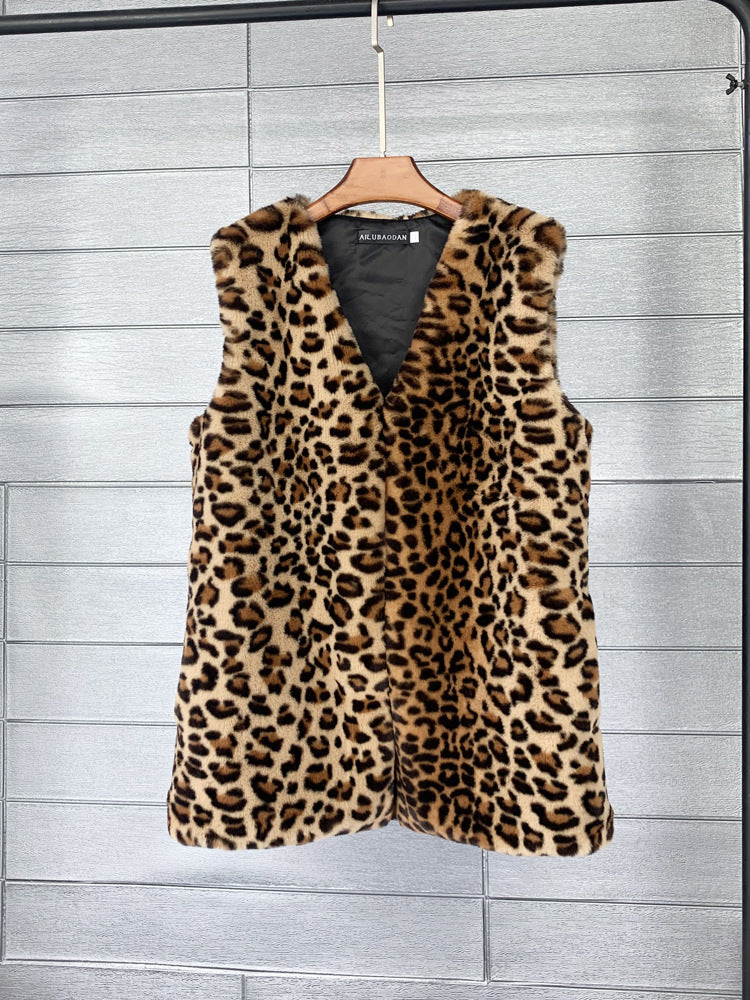 Women's Rex Rabbit Fur Leopard Print Winter Mid-length Coats