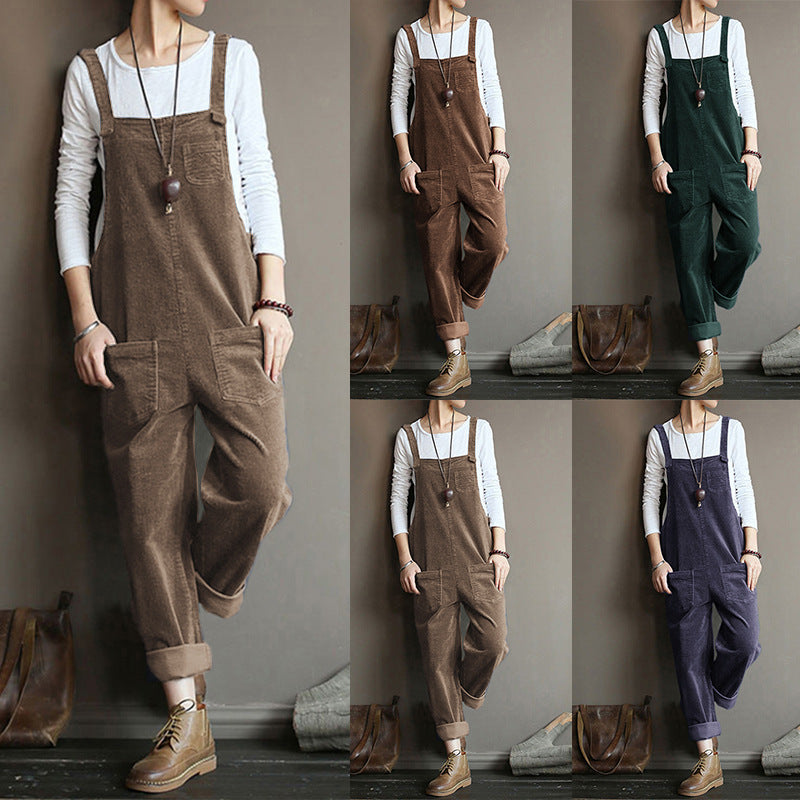 Corduroy Solid Color Casual Long Suspender Pants