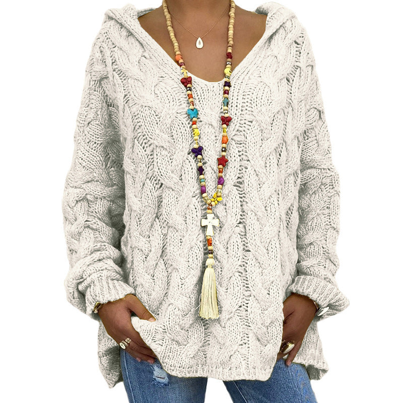 Women's Solid Color Twist Knitted Hoodie Sweater