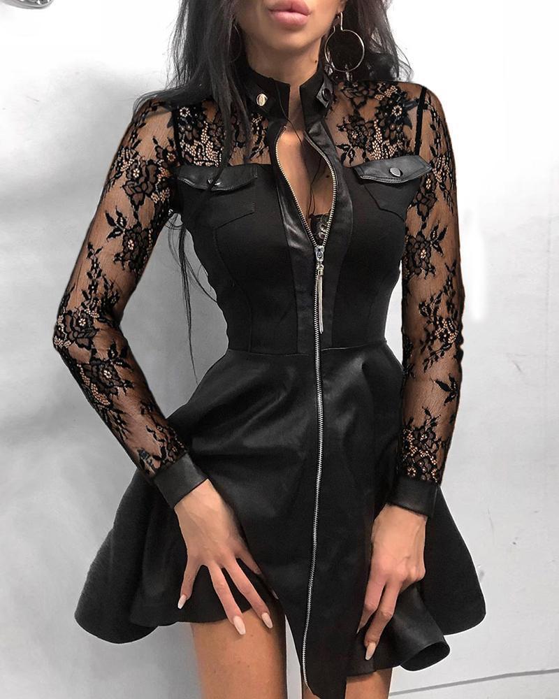 Trendy Women's Fashionable Leather Stitching Waist Dress