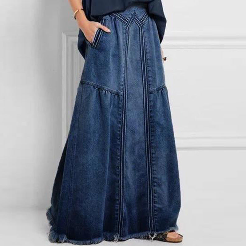 Women's Large Denim Binding Tape Brushed Elastic Skirts