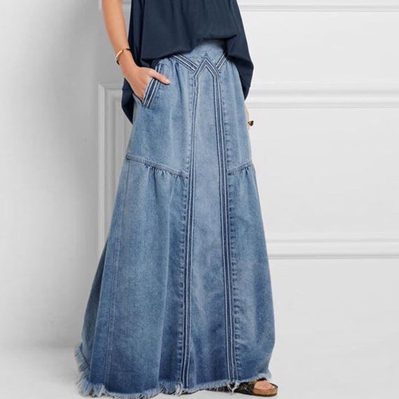 Women's Large Denim Binding Tape Brushed Elastic Skirts